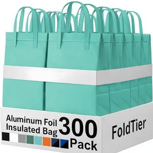 FoldTier 300 Pack Insulated Bags Bulk for Food Delivery, Light Green, 9.45 x 9.45 x 5.91 inches