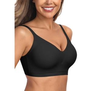 OEAK Women's Comfortable Push Up Bras Wireless Support and Lift Brassiere V Neck Full Coverage Everyday Seamless T-shirt Bras (X-Large, Black)