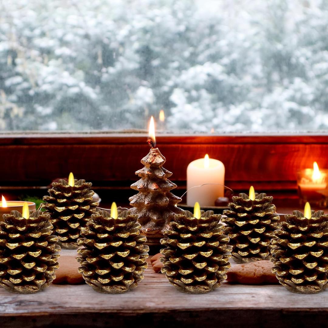 8 Pcs LED Pine Cone Candles Christmas Pinecone Candles with Timer Battery Operated Flameless Candle for Xmas Thanksgiving Winter Holiday Home Party Decoration