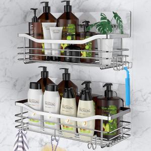 Orimade Shower Caddy Basket Shelf with 5 Hooks Adhesive Organizer Storage Rack Rustproof Wall Mounted Stainless Steel No Drilling for Bathroom, Toilet, Kitchen - 2 Pack (Silver)