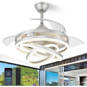 42 Inch Retractable Ceiling Fan, Chandelier Ceiling Fans with Lights, Silent DC Motor, 6 Speeds, 3 Color Changing for Bedroom Living Room (Silver)