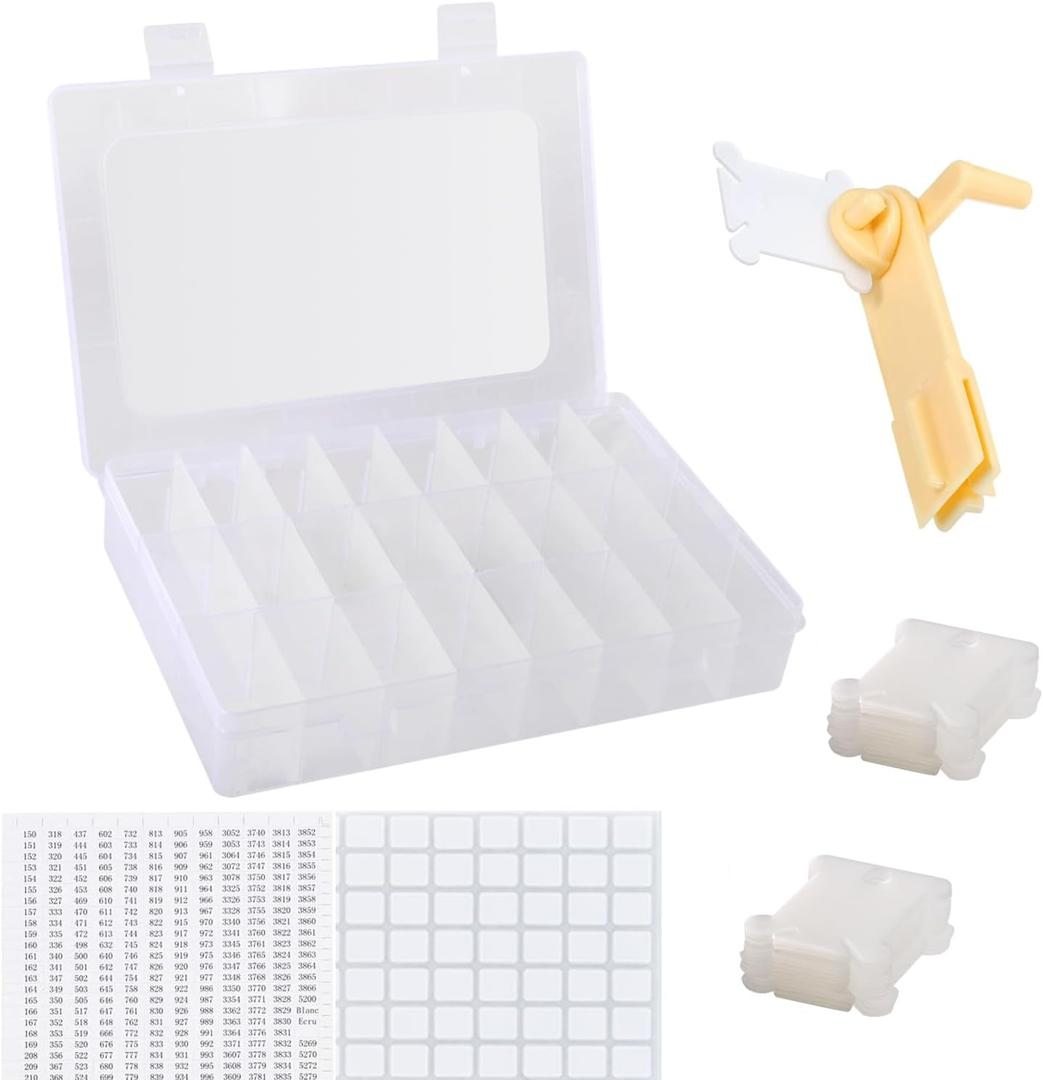 Embroidery Floss Organizer, Cross Stitch Thread Storage Box Tools - Bobbin Winder, 1 Removable 24 Compartments with 40 Hard Plastic Floss Bobbins and Stickers for Craft DIY Embroidery Sewing Storage