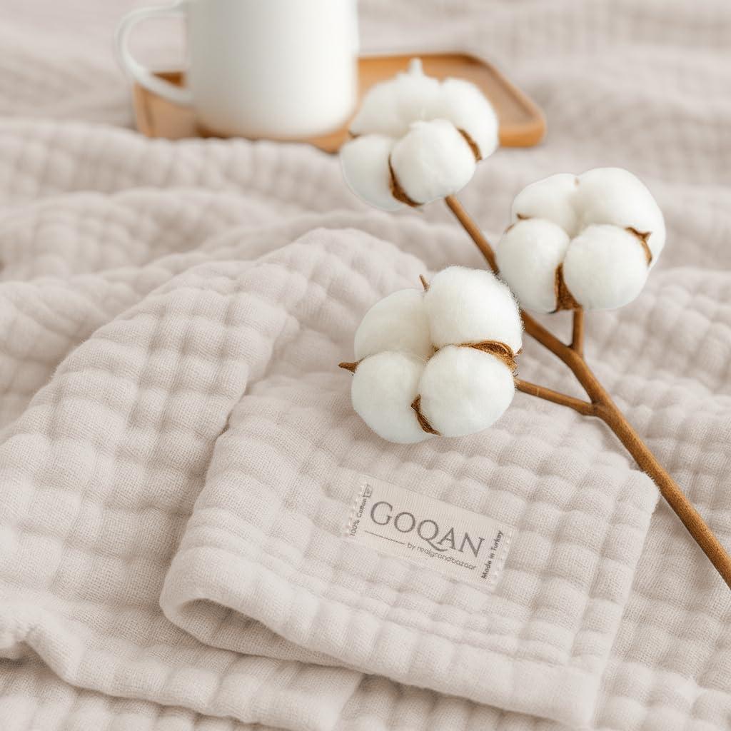 Goqan Throw Blanket 55x60  100% Turkish Cotton 4 Layer Boho Muslin Blanket for Adults, Four Season Blanket Lightweight and Thin, Soft, Breathable for Bed, Couch, Picnic - Beige