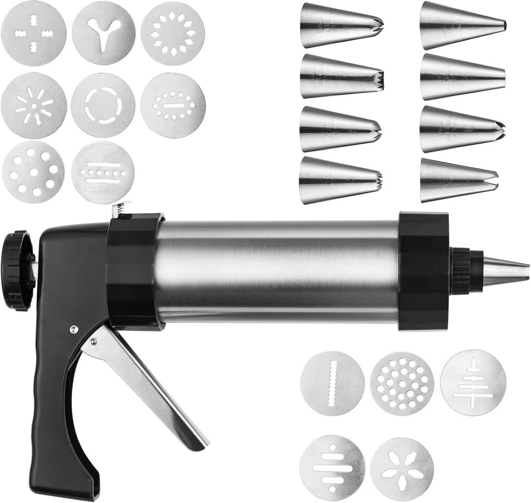 Stainless Steel Cookie Press Gun Kit, Spray Cookie Press with 13 Decorative Template Plates and 8 Icing Tips for DIY Baking Cooking
