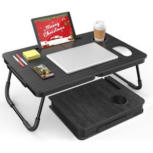 BUYIFY Portable Foldable Laptop Desk for Bed and Couch, Adjustable Lap Desk with Cup Holder and Phone Holder, Ideal for Working, Reading, Writing, and Breakfast (Black)