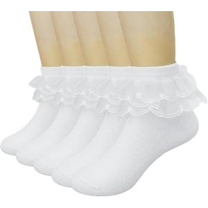 5 Pack Baby Toddler Girls Ruffle Socks White Princess Eyelet Frilly Lace Ankle Cotton Dress Socks for Little/Big Kids