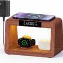 Wooden Bedside Table Lamp with Wireless Charging Station, LED Clock Display, 3 Night Light Modes, Bamboo (Sapele)