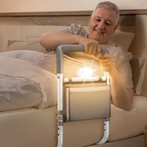 Adjustable Bed Rails for Elderly Adults with Night Light & Bag, Bed Assist Rail with Double Crossbar, Bed Railings Protects Seniors from Falling