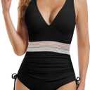 Buauty Women's One Piece Swimsuits Tummy Control Bathing Suits for Womens Color Block Drawstring V Neck Slimming Swimwear (Medium, Black)