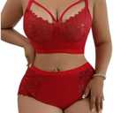SOLY HUX Women's Plus Size Sheer Lace Lingerie Wireless Bra and Panty Only1 Piece Underwear Set 3XL