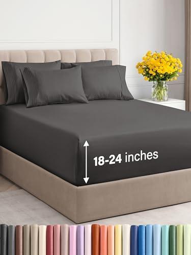 Extra Deep King Sheet Set - 6 Piece Breathable & Cooling Sheets - Hotel Luxury Bedding Set w/18-24 Inch Extra Deep Pockets - Easy & Secure Fit - Super Soft, Wrinkle Free & Comfy - Charcoal, King Size