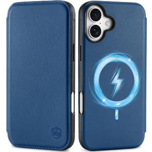 SHIELDON Case for iPhone 16 5G 2024, Genuine Leather Wallet Slim Book Flip RFID Blocking Card Slot Magnetic Shock Absorbing Wireless Charging Case Compatible with iPhone 16 6.1" - Nappa Royal Blue