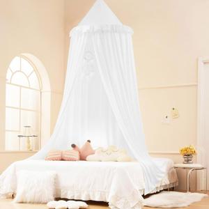 Akiky Kids Bed Canopy for Crib & Twin Size with Ruffles Dreamcatcher, Boys Princess Girls Nursery Room Decor Toddler Baby Dome Round Hanging Tent Curtains Skirt Over Bed Reading Nook Play Tents White (25.6"W*106"L)