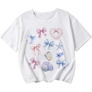 Girl's Bow Graphic Tees Crew Neck Short Sleeve Summer T Shirts Preppy Cute Clothes for Girls
