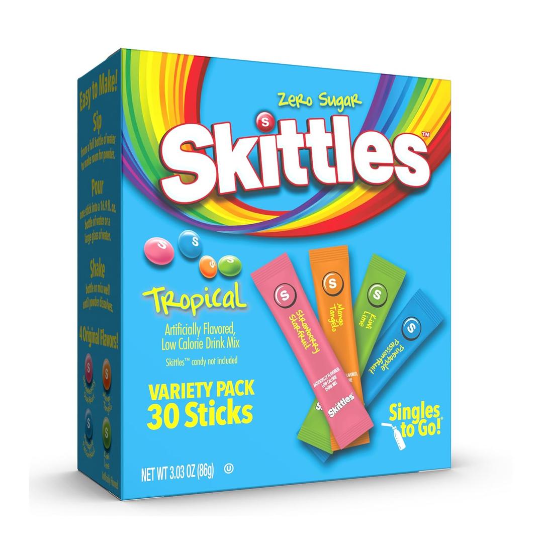 SINGLES TO GO! Skittles Singles To Go Tropical Flavors Variety Pack, Powdered Drink Mix, Strawberry Starfruit, Mango Tangelo, Kiwi Lime, Pineapple Passionfruit, 1 Box (30 Single Servings) (EXP 06/01/26)