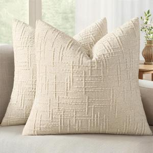 MIULEE Textured Throw Pillow Covers Thick Chenille Decorative Pillows Beige 20x20 Inch Set of 2 Modern Boho Farmhouse Home Decor Neutral Cushion Covers for Couch Sofa Living Room Bedroom