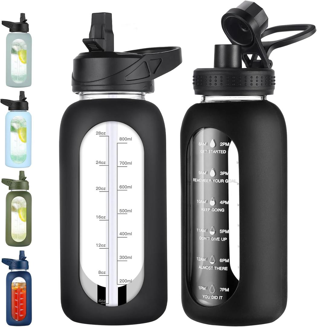EALGRO 32 oz Glass Water Bottle with Straw and Handle, Sports Motivational Water Flask with Silicone Sleeve, Large Leakproof Water Flask Cup with Time Marker for Travel, Gym, Black