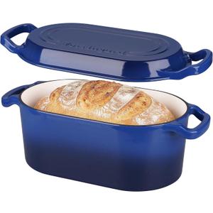 VORRINGARD Oval Dutch Oven Pot with Lid, Enamel Coating Cast Iron Bread Pans for Homemade Sourdough Bread Baking, Cooking, 4 Quart, Blue