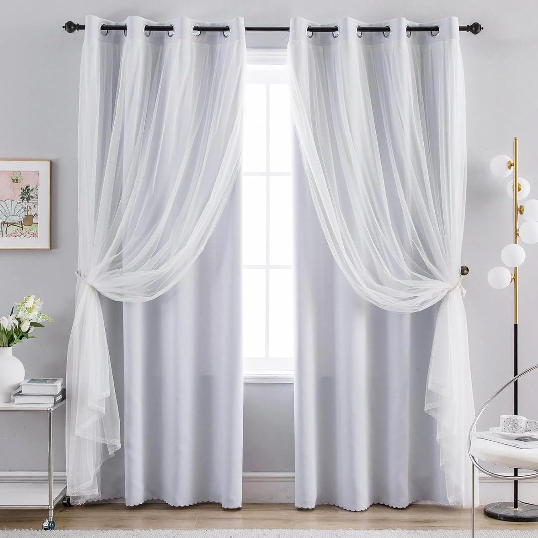 Anytime Home Curtains Blackout and Sheer Layered Solid Window Curtain Panel Pair with Grommet Top, 52W x 72L, Greyish White