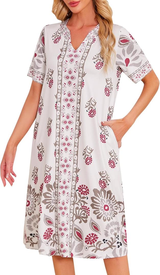 ETOSELL Moo Moos Nightgown for Women with Pockets Casual Floral Print House Dress Short Sleeve Mumu Lounge Dresses S-3XL (White, M)