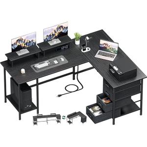 59 inch L Shaped Computer Desk with Power Outlets, Home Office Desk with 4 Adjustable Storage Drawers & 2 Monitor Stands, Two Person Gaming Table for Bedroom, Black