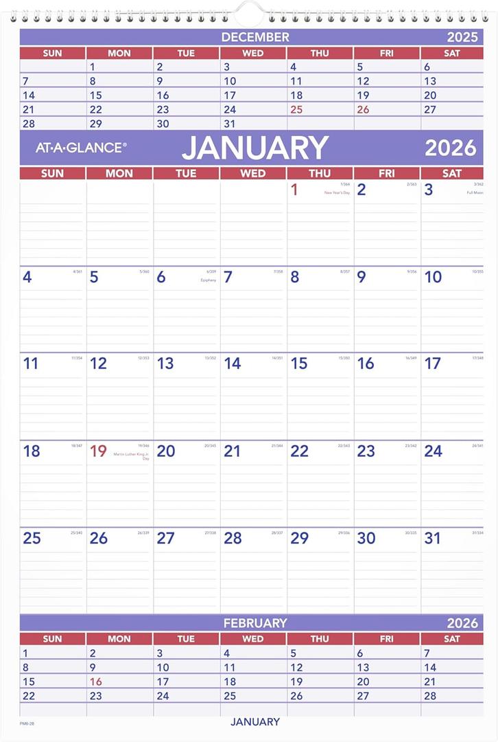 AT-A-GLANCE 2026 Wall Calendar, 15-1/2" x 22-3/4", Large, 3-Month Reference (PM62826)