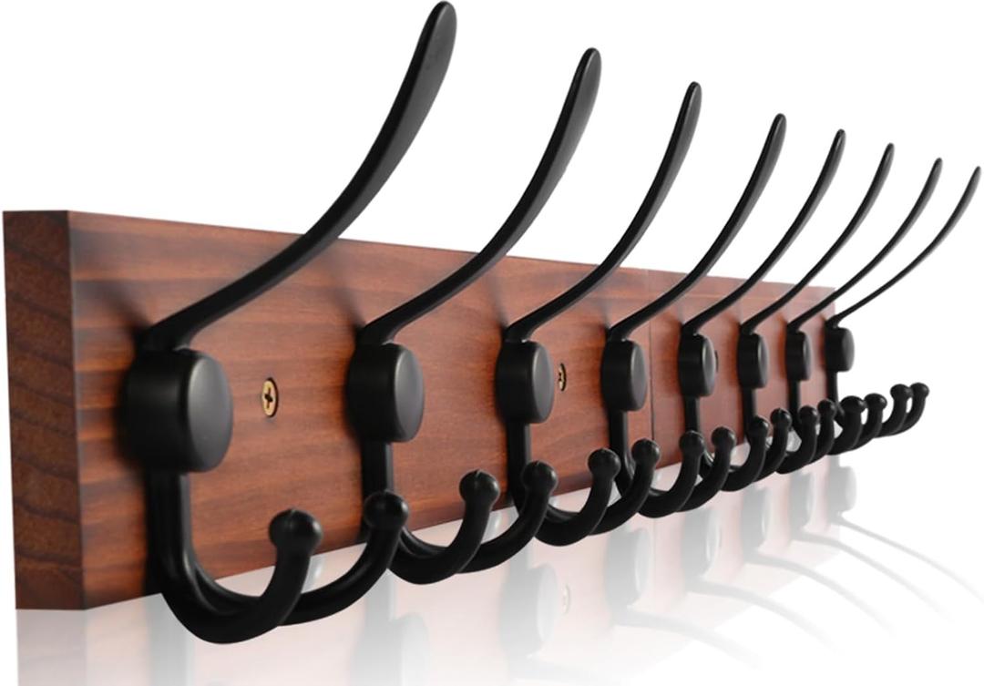 Rustic 32.2" Large Coat Rack Wall Mount, Long Wood Coat Hooks Wall Mount with 8 Triple Hooks, Heavy Duty Wooden for Entryway, Farmhouse Hanging Jackets, Coats, Hats, Bags,Towel