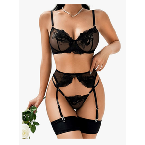 Kaei&Shi Floral Embroidered, Underwire, G-String, Garter Belt, 4 Pieces Lingerie XS