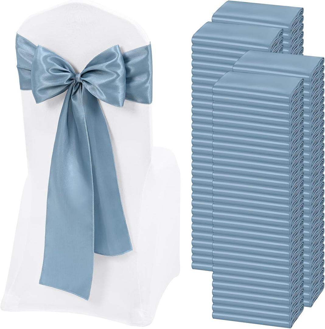 120 PCS Dusty Blue Satin Chair Sashes, Ties Bows Designed Chairs Decorative, Chair Cover Sashes for Thanksgiving Wedding Christmas Banquet Party Home Kitchen Decoration (7 x 108 inch)
