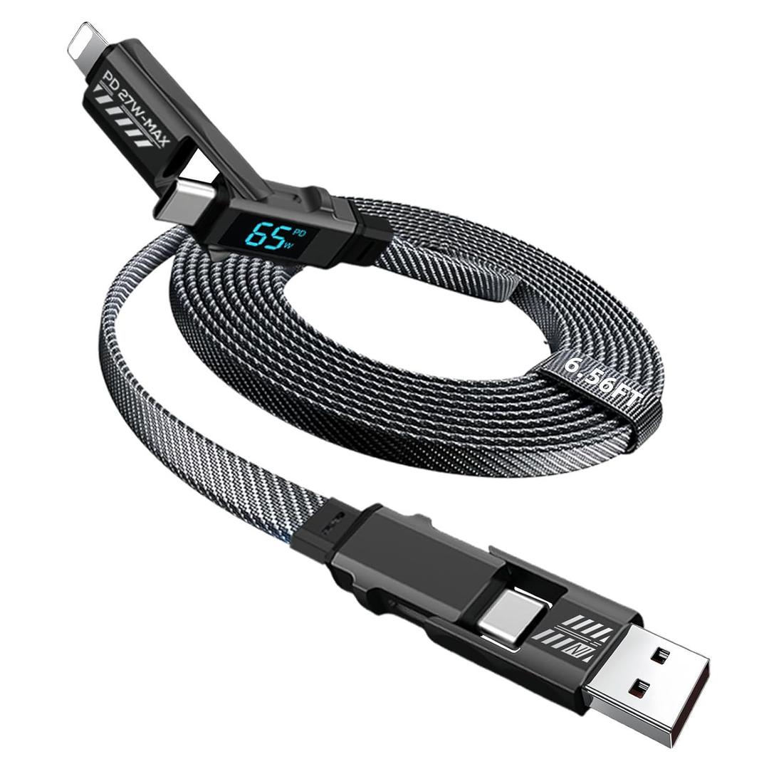 4-in-1 USB C Cable with Wattage Display, 65W 3A Flat Nylon Braided Multi Charge Cable with Data Sync, USB A/C to USB C/L Port Compatible with iPhone 16/15/MacBook/Tablet/Samsung S25 Phone & More, 6.6FT (Grey)