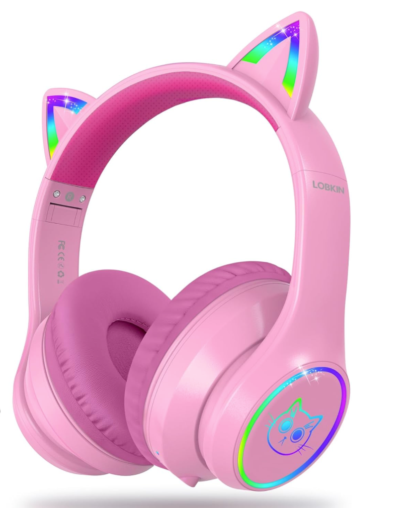 LOBKIN Bluetooth 5.3 Kids Headphones with Case - RGB LED Light Up Cat Ears Foldable Adjustable Over Ear Headphone Support Wireless or 3.5mm Wired Mode for Toddler & Girls & Boys Teens