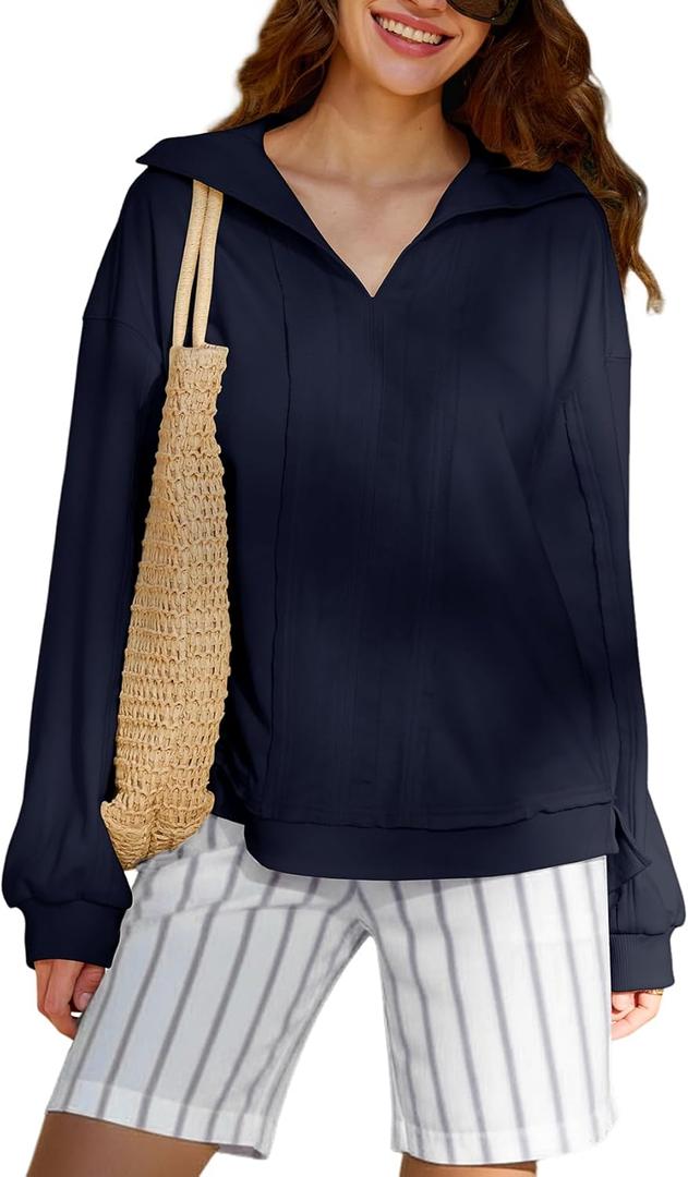 KFUBUO Women's Oversized Sweatshirt V Neck Long Sleeve Pullover Hoodie 2025 Fall Fashion Sweatshirts (Blue, XXL)