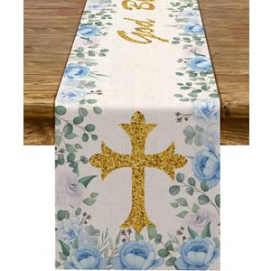 Pudodo Boy Baptism Table Runner God Bless First Holy Communion Christening Baby Shower Party Kitchen Dining Home Decoration (13" x 72", Blue)