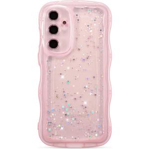ZTOFERA for Samsung Galaxy A14 4G/5G Case 6.6",Cute Curly Wave Case with Star Glitter,Clear Shiny Bling Soft TPU Shockproof Phone Protective Cover for Women Girls-Pink