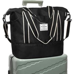 DMLuna Travel Duffel Bag, Tote Sports Gym Bag, Shoulder Overnight Weekender Bag for Women & Men, Hospital bag, Expandable Duffel Bag with Trolley Sleeve/Wet Pocket (Black)
