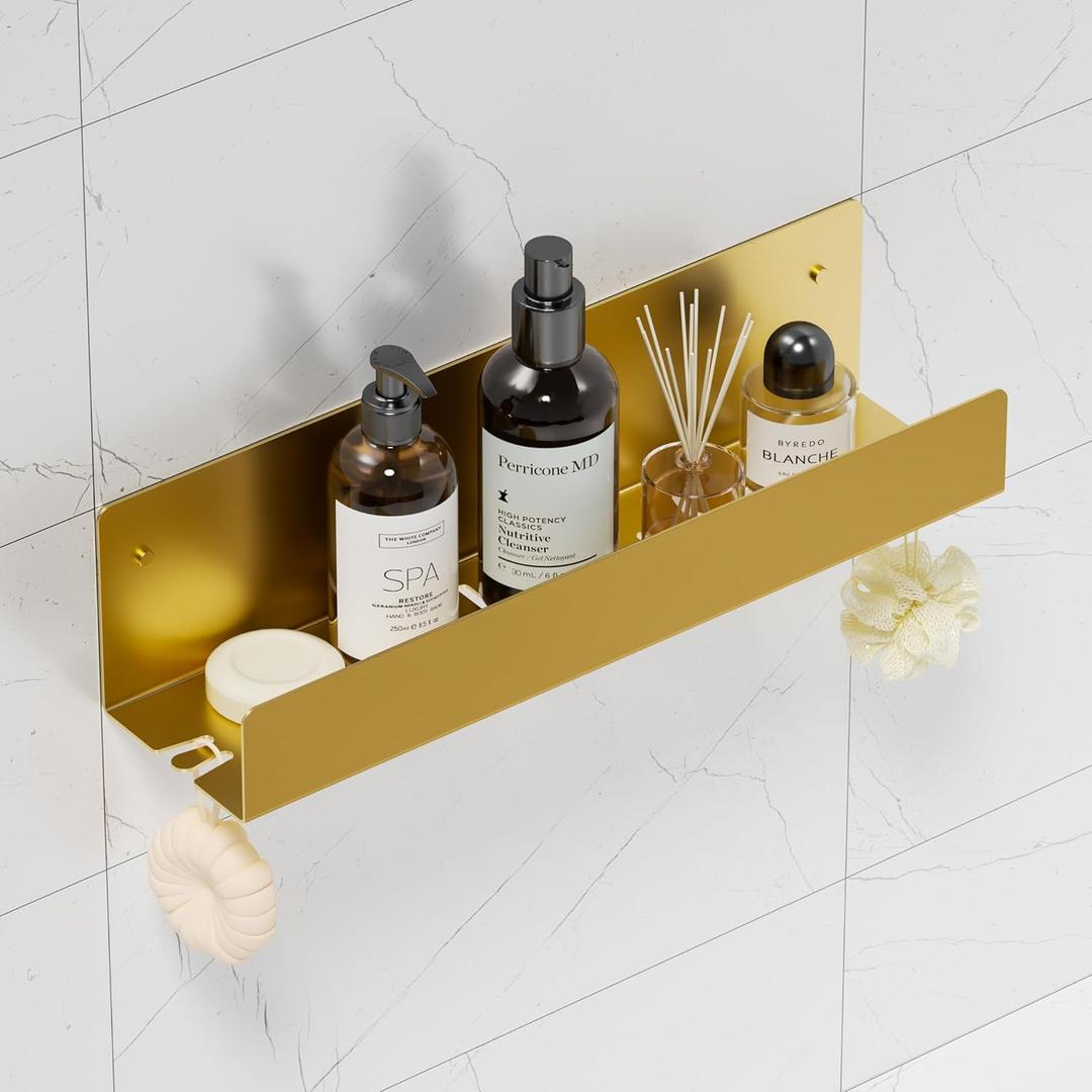 Shower Caddy, 16" Bathroom Shower Shelf Organizer with 2 Hooks, SUS304 Stainless Steel Floating Shower Shelves with Large Capacity, Rustproof Shower Rack for Inside Shower, Brushed Golden