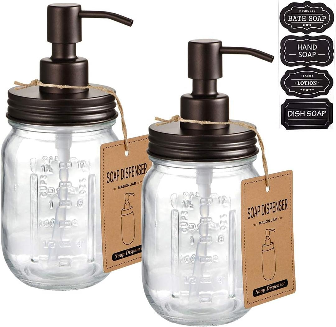 Amolliar Mason Jar Liquid Soap Dispensers, Rustproof Stainless Steel Mason Jar Lid Pump, Refill Hand Soap, Lotions, Dish Soap, Liquid Soap, Bath Soap, Farmhouse Decor for Bathroom, Kitchen 2PC(Bronze)