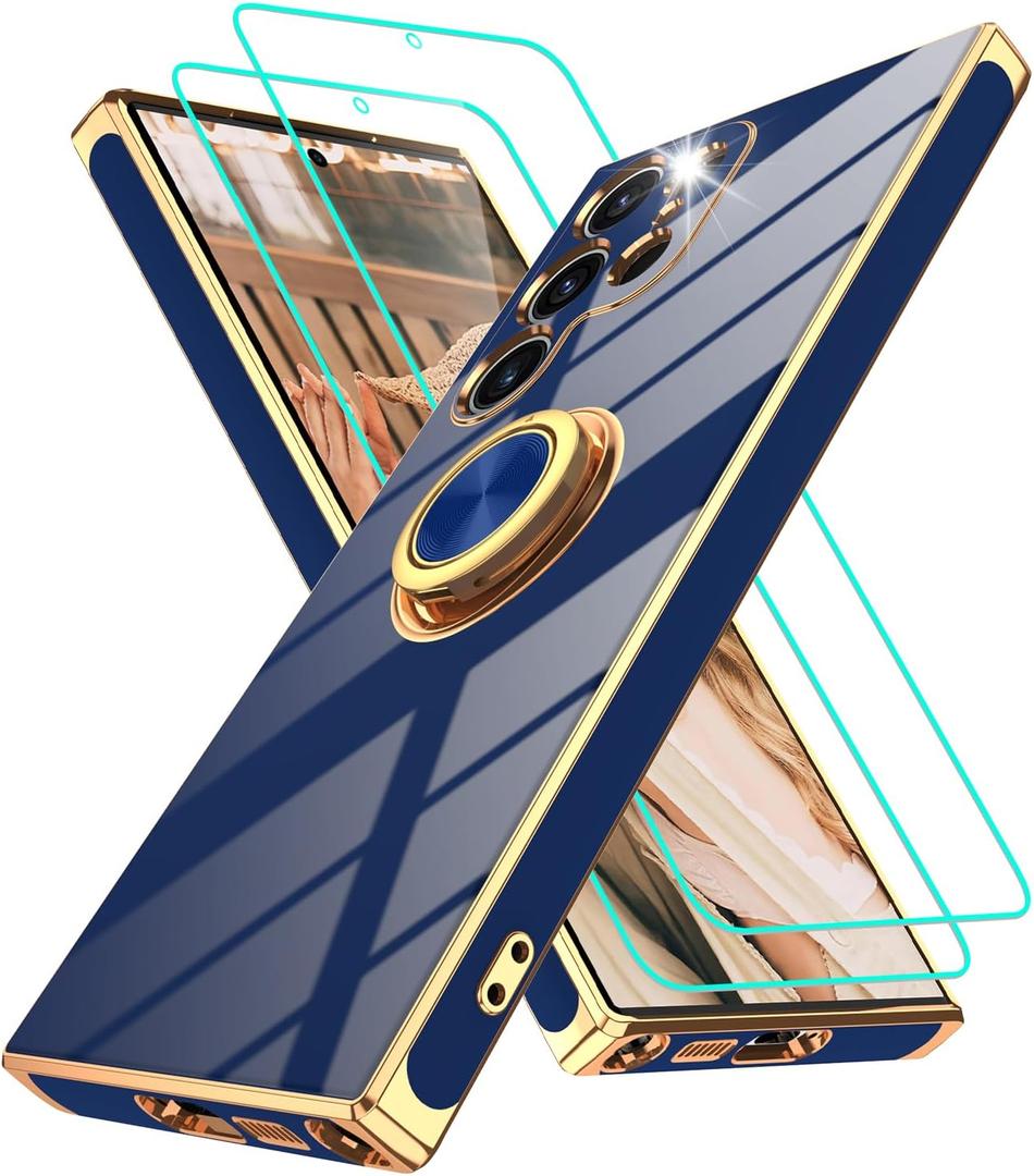 Gritup for Samsung Galaxy S23 Ultra Case: with 2Pcs Screen Protector, 360 Rotation Ring Holder Magnetic Kickstand, Plating Gold Edge Soft TPU Shockproof Protective Cover for S23 Ultra, Blue