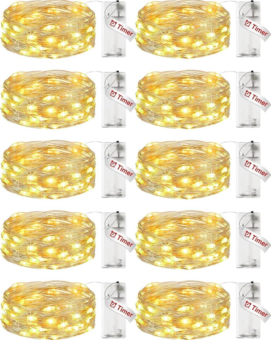 10 PackFairy Lights Battery Operated with Timer, 7FT 20LED String Lights Waterproof Silver Wire Fairy Light Battery Powered Twinkle Lights for Bedroom Christmas Wedding Indoor Party Decor Warm White