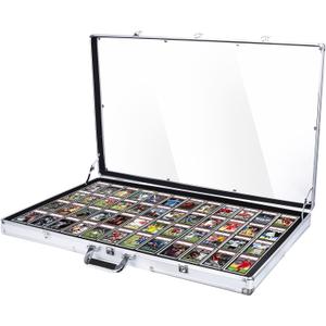 Card Display Case, Large Aluminum Trading Card Case, Tabletop Showcase for Trading Cards, Glass Trade Show Display Case with Lock for Graded Cards Jewelry Craft Collectibles - 34"x22" (Silver)