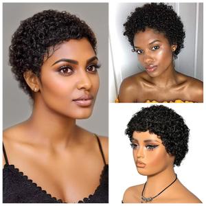 Short Afro Kinky Curly Wigs for Black Women 100% Human Hair Deep Wave Curly Pixie Cut Wig, Natural Black Glueless Short Afro Kinky Wig Brazilian Virgin Human Hair African Style Daily Party Wear Wigs