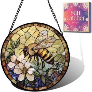 3 x Bee Gifts for Mom - Bees Flowers Faux Stained Glass Window Hanging Sun Catcher for Door Garden Acrylic Decor Mother's Day Birthday Stocking Stuffer Gift for Women Nana Friend Men Grandma 6.3"