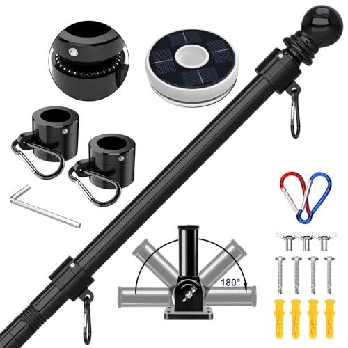 ZMTECH 10FT Flag Pole for Outside House with Solar Light, Tangle Free Stainless Steel Flag Pole Kit, 180° Adjustable Flag Pole Holder & Flag Holder Bracket, Black (No Flag)
