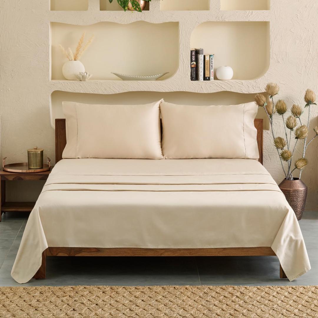 Certified Supima Cotton Full 4-Piece Sheet Set|with Fiber Coin for genuity|100% America Grown Cotton|15 Inch Deep Pocket|Ultrasoft & durableVibrant Color & Strong Fiber|Sateen Weave (Biege)