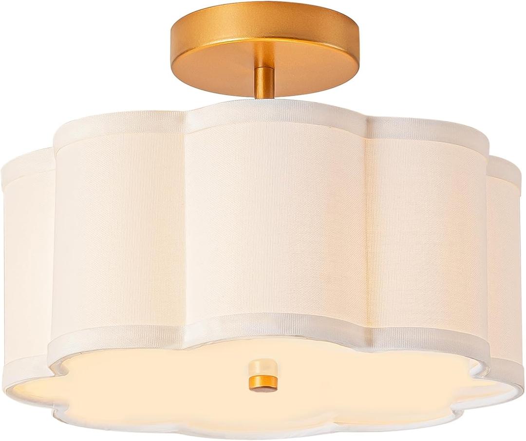 Bargeni Semi Flush Mount Ceiling Light,13 inch Modern Ceiling Light Fixture with Flower-Shaped White Fabric Shade,Gold Light Fixtures Ceiling Mount for Bedroom,Kitchen,Living Room,Hallway,and Entryway