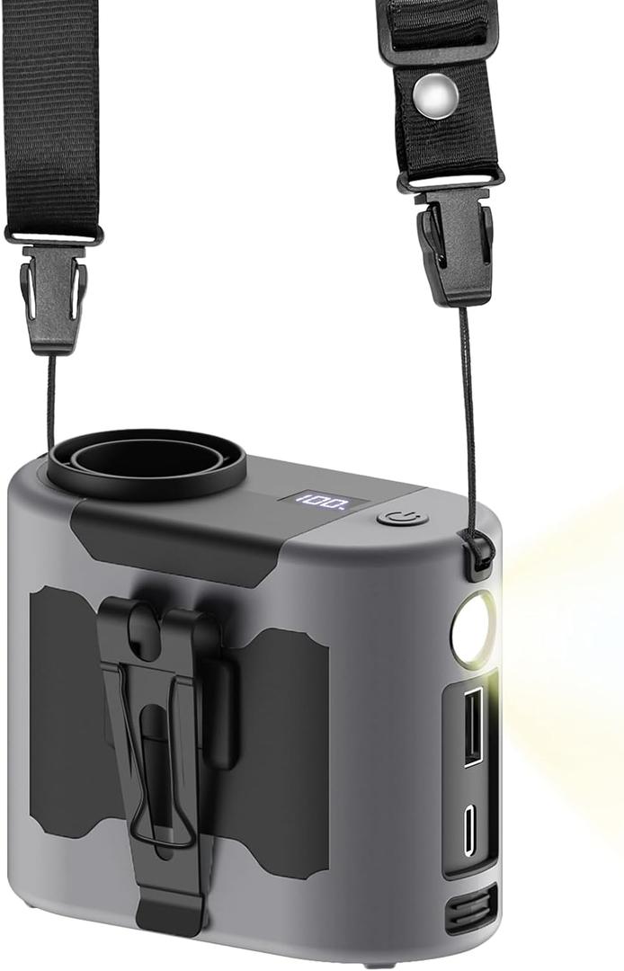 Portable Waist Clip on Fan, 10000mAh Belt Personal Fan Rechargeable With Flashlight Power Bank for Night Fishing, Camping - 5 Speed Wind Adjustment for Outdoor Workers, Sports Lovers -Gray/Black