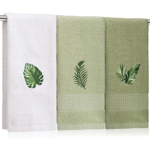 SmoothNovelty 3 Pcs Tropical Palm Leaves Hand Towels for Bathroom Decor Summer Monstera Leaves Embroidered Absorbent Soft Cotton Towels 13.78 x 29.53 Inch Farmhouse Green Decorative for Kitchen Home