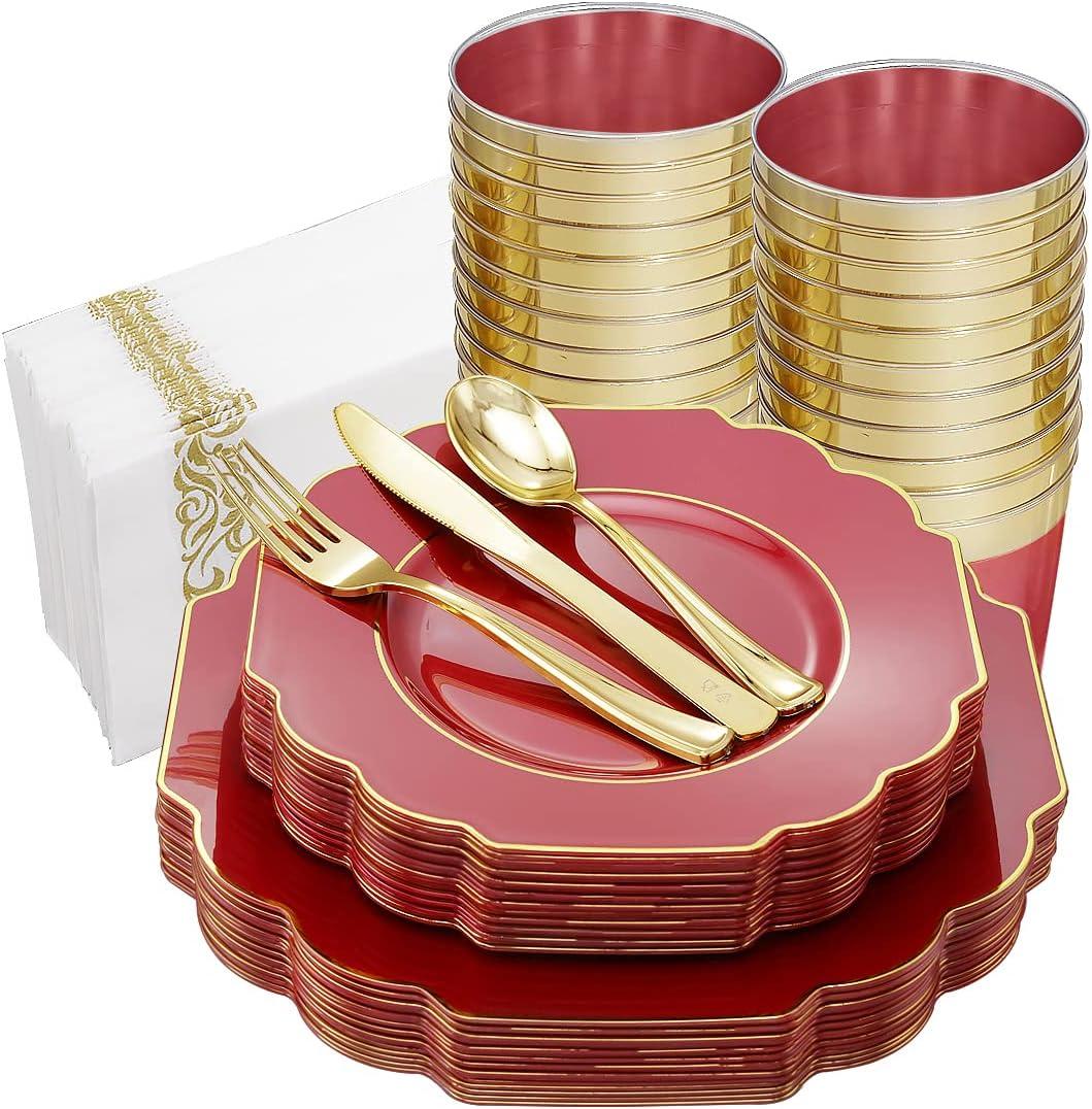Hioasis 140pcs Red Plastic PlatesGold Plastic Plates Served for 20 Guests include 20 Dinner Plates,20 Dessert Plates,20 Knives,20 Forks,20 Spoons,20 Cups,20 Napkins for Christmas&Weddings&Parties