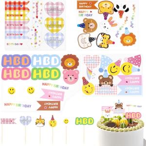 100PCS Colorful Cake & Cocktail Toppers  Smiley Face Party Picks with Bear Candles, Cloud Hats & Mini Decorations for Birthday Cakes & Dessert Tables