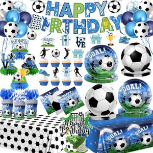 Soccer Birthday Party Decorations,200pcs Soccer Party Decorations Plates and Napkins Cups Tablecloth Cake Topper Honeycomb Balloon for Soccer Party Supplies, Serve 24